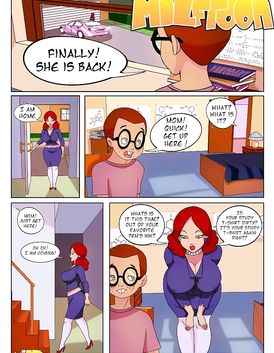 Redhead mom with huge boobs is striping in front of her horny son