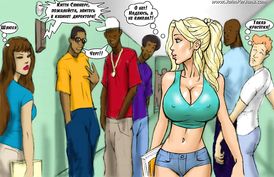 Busty and hungry for man's cum blonde is blowing two black cocks