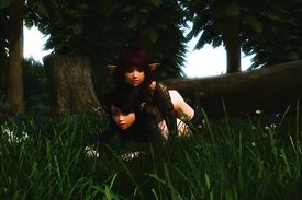 Petite elf girls are messing around in the grass outdoors