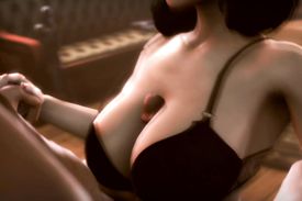 Gorgeous glamorous brunette is giving a man quick boobjob