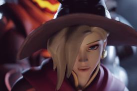 Busty naughty blonde is calling for a Halloween monster to fuck her