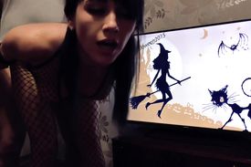 Perverted brunette in seductive lingerie likes get fucked during cartoons